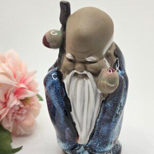 Shiwan Mud Man Small Monk Figurine Glazed Clay 4" Asian Scholar Blue Robe